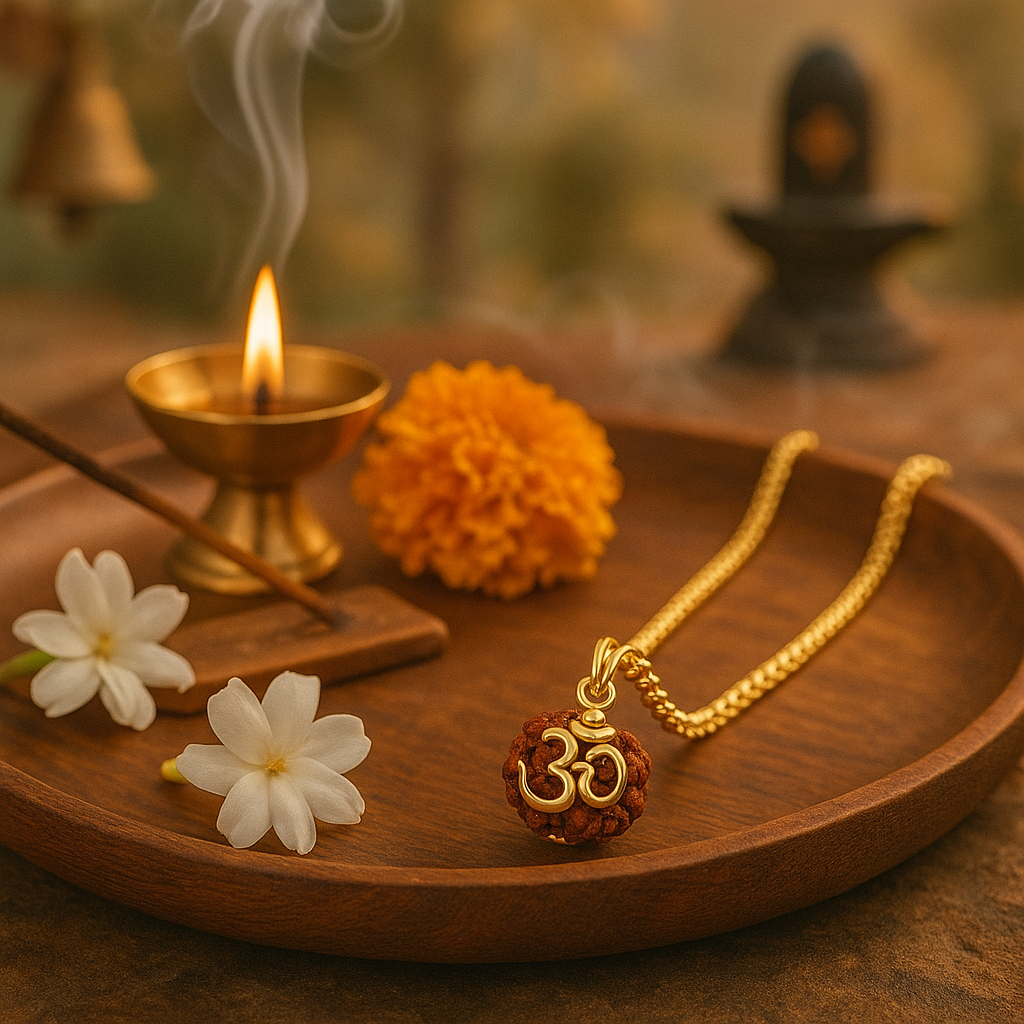 5 Mukhi Rudraksha “Om” Gold Plated Pendant with Chain – Certified