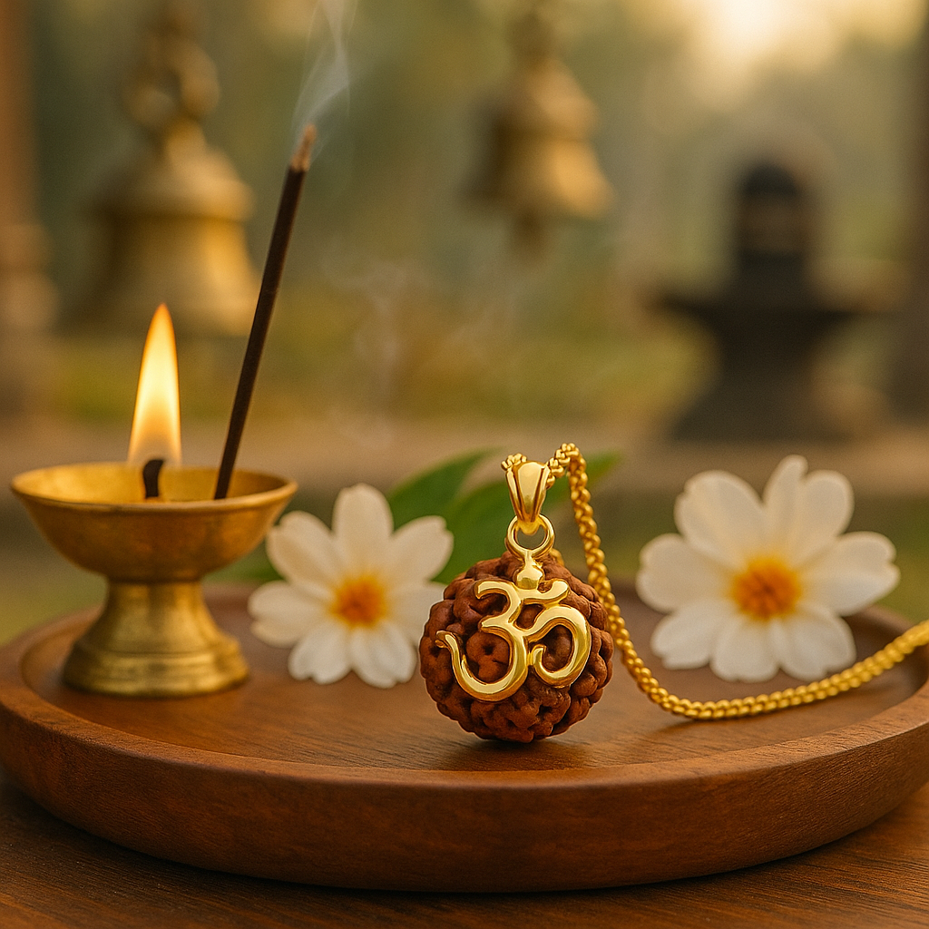 5 Mukhi Rudraksha “Om” Gold Plated Pendant with Chain – Certified