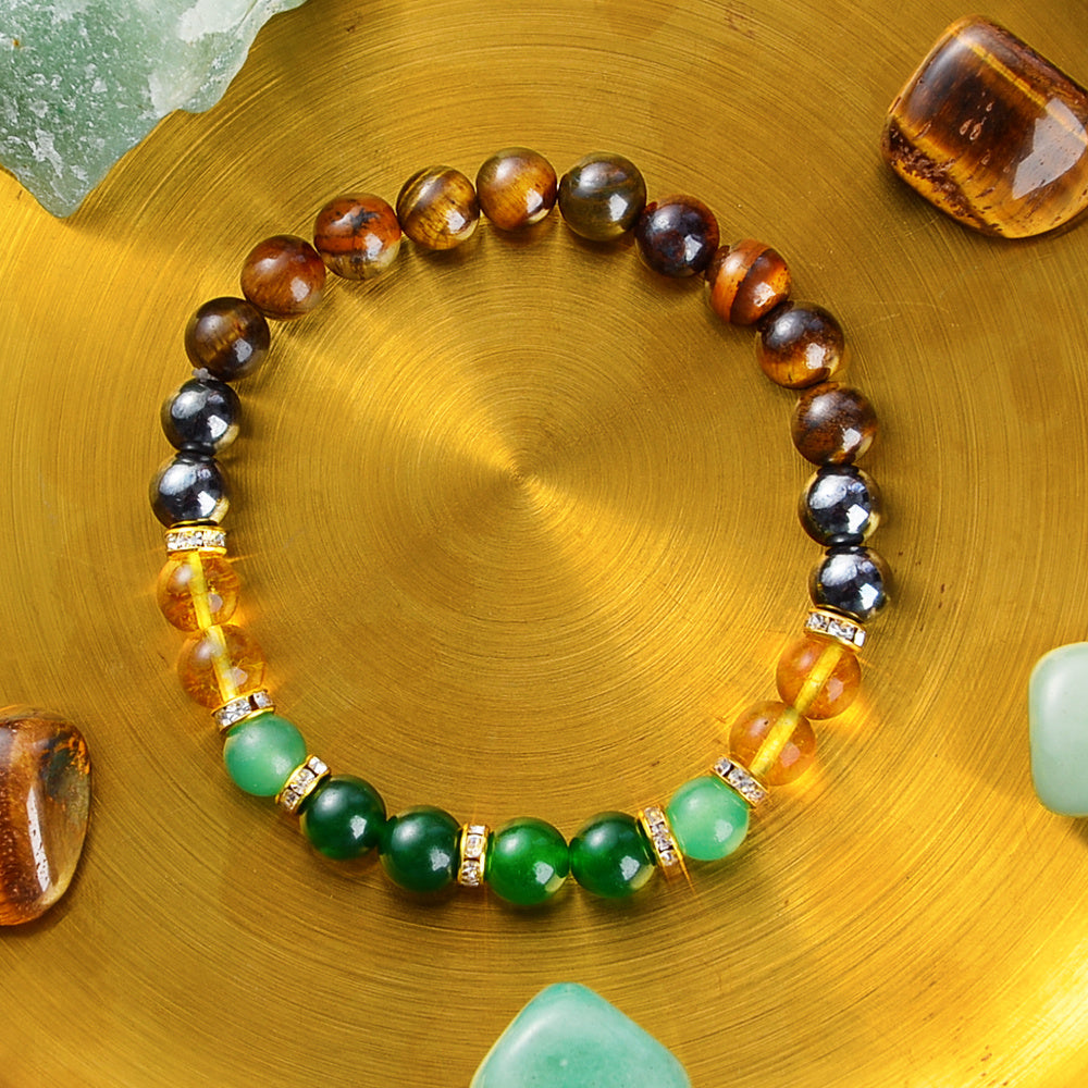 Natural Money Magnet Crystal Bracelet - Pyrite, Tiger Eye, Citrine & Aventurine Beads (Govt. Certified)